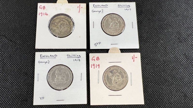 Group of English Sterling One Shilling Coins 1916, 1917, 1918, 1919 - Lot E5 Carousel 1