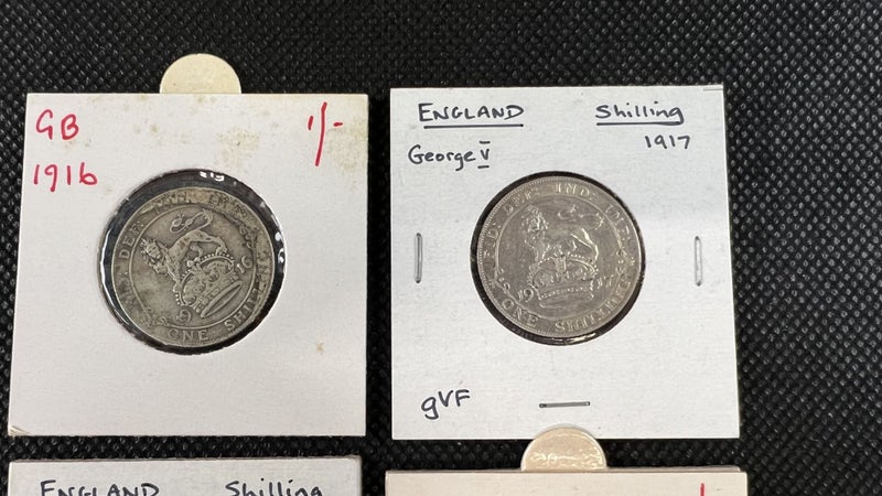 Group of English Sterling One Shilling Coins 1916, 1917, 1918, 1919 - Lot E5 Carousel 2