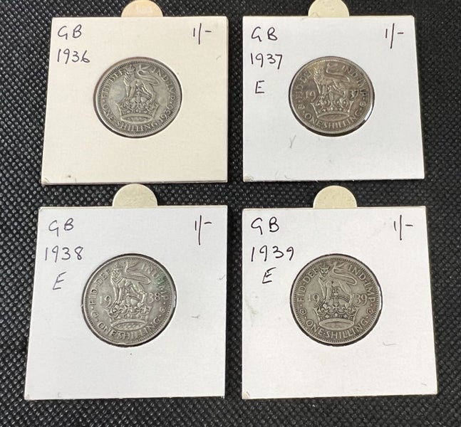 Group of English Silver One Shilling Coins 1936, 1937, 1938, 1939 - Lot E12 Carousel 1