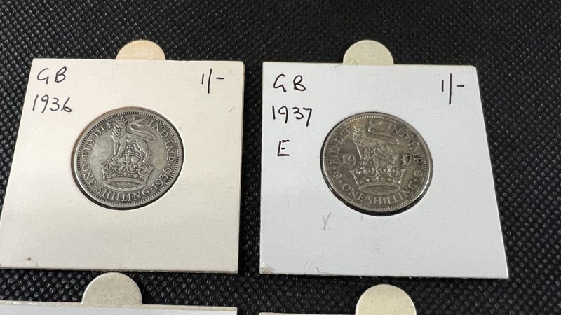 Group of English Silver One Shilling Coins 1936, 1937, 1938, 1939 - Lot E12 Carousel 2