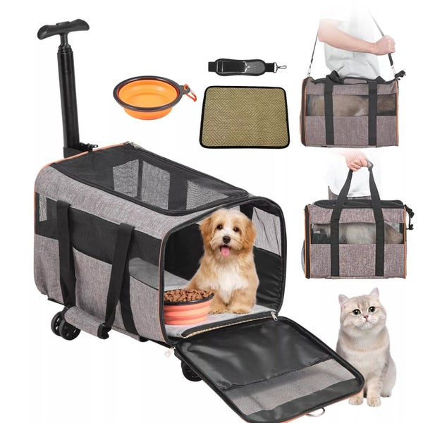 Cat Carrier with Wheels Airline Approved Rolling Pet Carrier 22 lbs Grey Carousel 1
