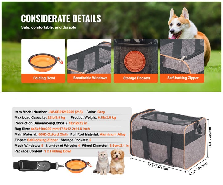 Cat Carrier with Wheels Airline Approved Rolling Pet Carrier 22 lbs Grey Carousel 15