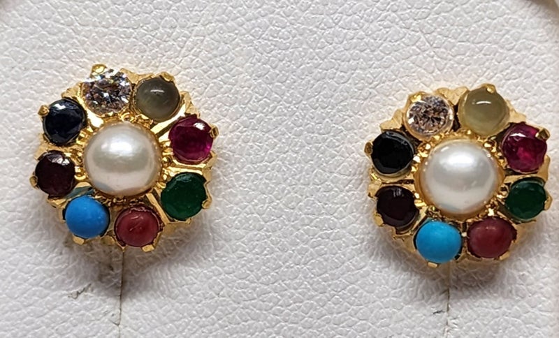 22ct Yellow Gold Earrings with Multi-Coloured Stones - 3.59gm - 174815 Carousel 1