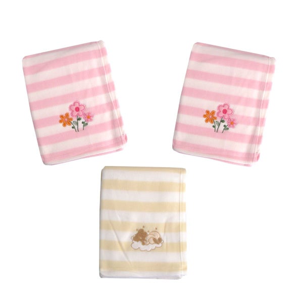 Girls Flowers and Bear Pack of 3 Embroidered Polar fleece Stripe Cot Blankets Carousel 1