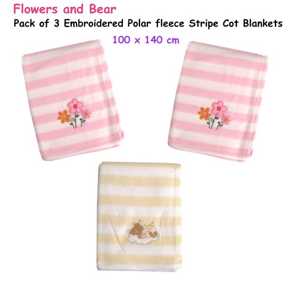 Girls Flowers and Bear Pack of 3 Embroidered Polar fleece Stripe Cot Blankets Carousel 2