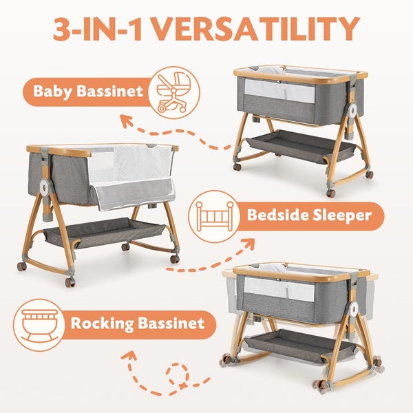 PlayPals 3-in-1 Baby Cot Crib Bed Bassinet Bedside Sleeper Portable Foldable Carousel 2
