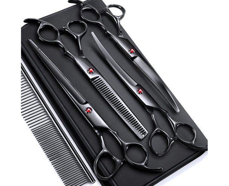 Professional Dog Grooming Scissors Set, 4-Pieces Straight, Upward Curved, D Carousel 1