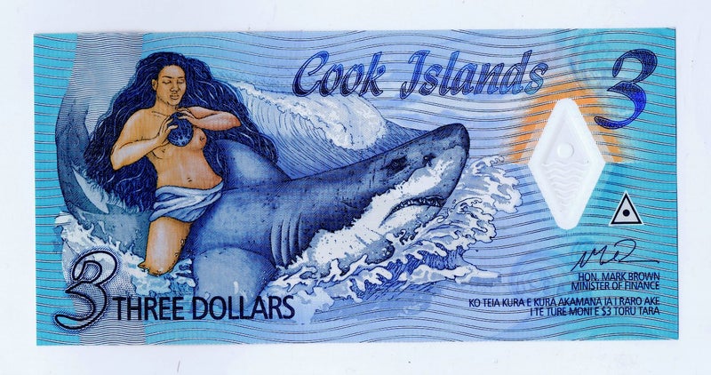 RARE $3.00 Bank Note COOK ISLAND Young NAKED WAHINE Riding a SHARK Bare BREASTED Carousel 1