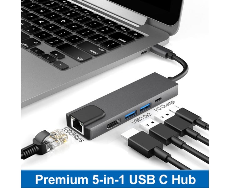 Portable 5-in-1 Gigabit Ethernet Lan RJ45 Type-C Hub to 4K USB 3.0 PD USB-C Carousel 2