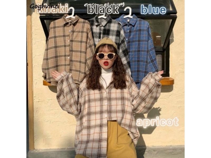 Women Blouses Turn-down Collar Spring Shirts Plaid All-match BF Batwing-sleeve Carousel 2