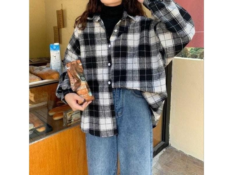 Women Blouses Turn-down Collar Spring Shirts Plaid All-match BF Batwing-sleeve Carousel 1