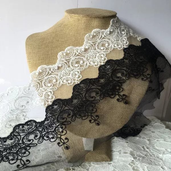 1 Yard Lot Width 9.5cm White Black Cotton Embroidered Mesh Lace For Garment Carousel 1
