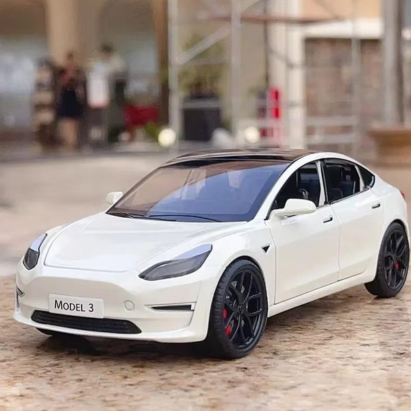 1:24 Tesla Diecast Metal Vehicles Car Model Sound and Light, Model 3 white nobox Carousel 1