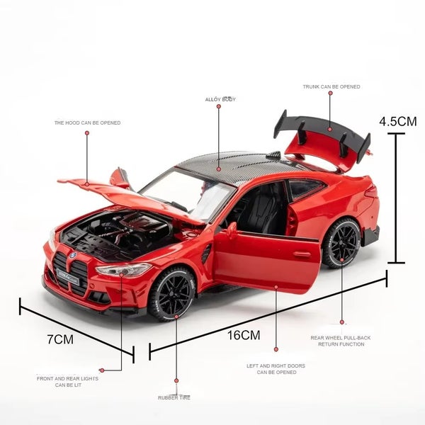 1:32 BMW M4 Supercar Alloy Car Model With Pull Back Sound Light, Red With box Carousel 2