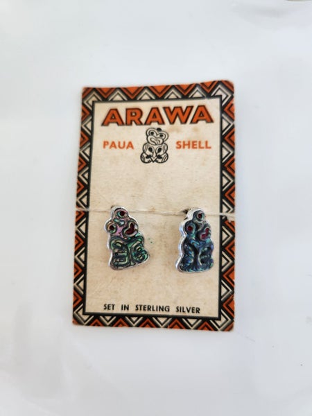 Circa 1970 Sterling & Paua Hei Tiki earrings Carousel 1