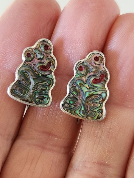 Circa 1970 Sterling & Paua Hei Tiki earrings Carousel 2