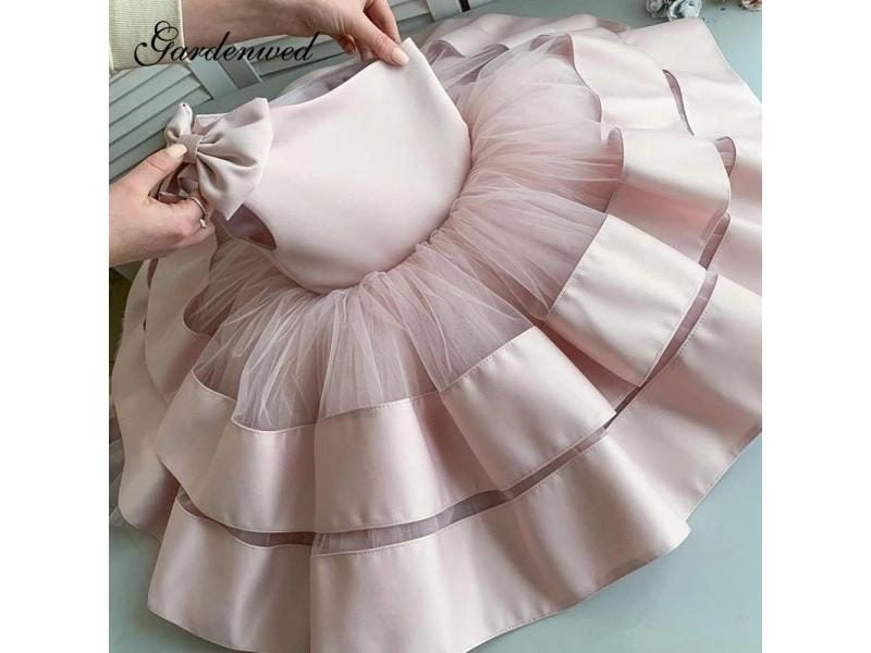 Puffy Layers Pink Flower Girl Dresses Satin Bow Kids Princess Dress Bow Carousel 2