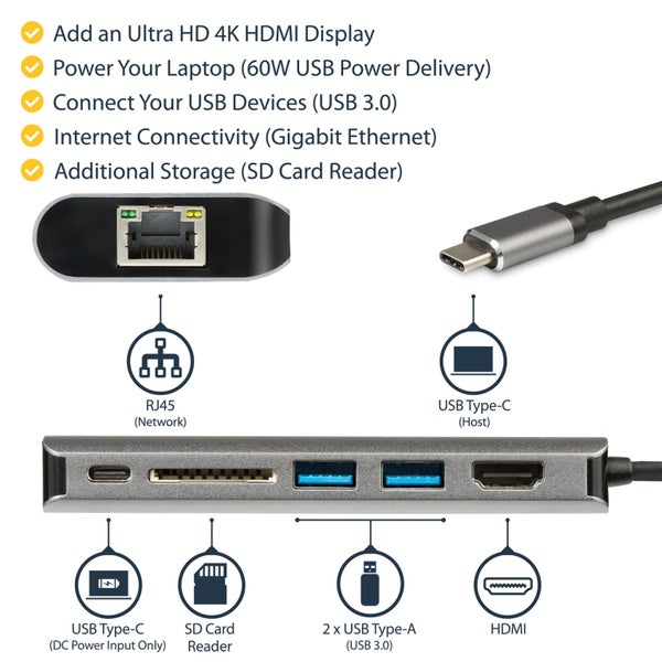 StarTech.com DKT30CSDHPD3 USB-C Single 4K Mobile Dock, support 60W Power Carousel 2