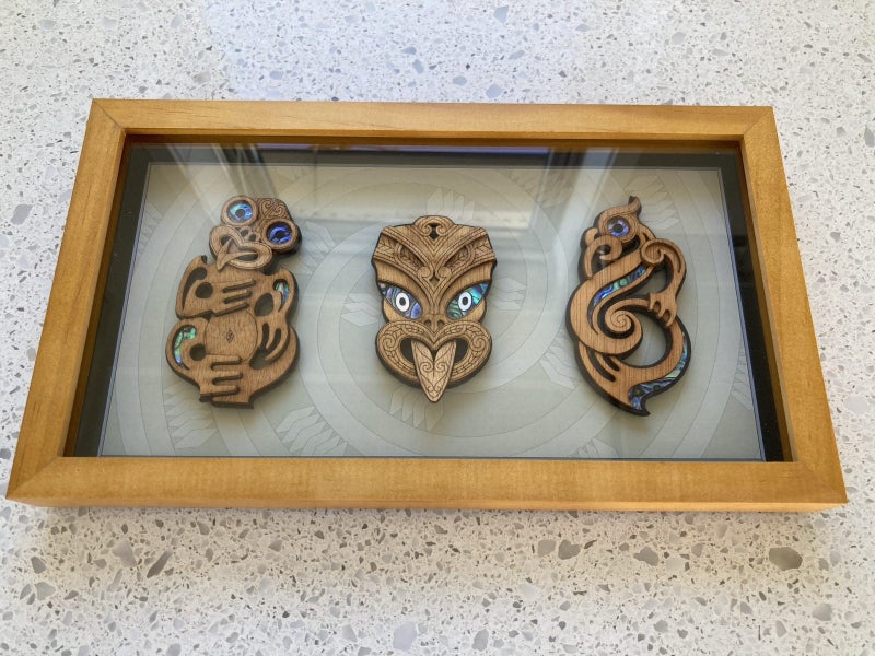 NEW Aeon Triple Landscape Kauri Carved Tiki/Wheku/Manaia Paua Inlay Framed Art Carousel 1