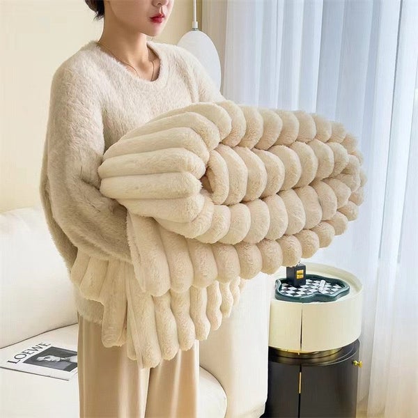 Luxurious Faux Rabbit Fur Throw Blanket -Cozy for Couch, Office, Outdoor& Travel Carousel 1