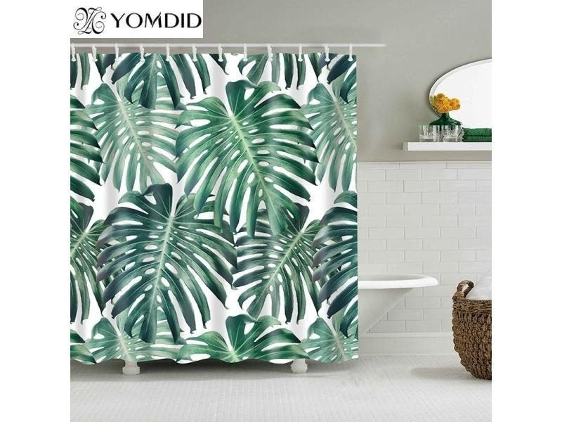 Green Tropical Plants Polyester Shower Curtain With Leaf Printing For Bathroom Carousel 2