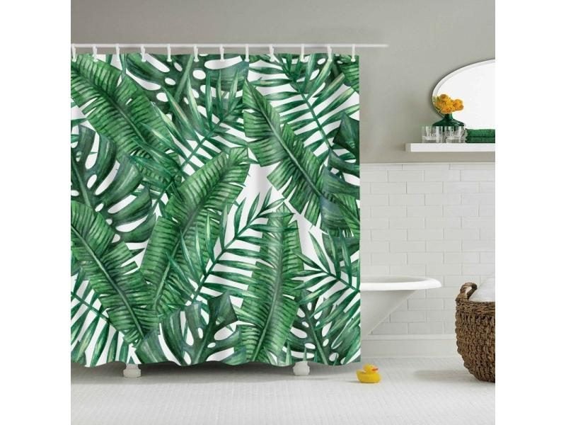 Green Tropical Plants Polyester Shower Curtain With Leaf Printing For Bathroom Carousel 1