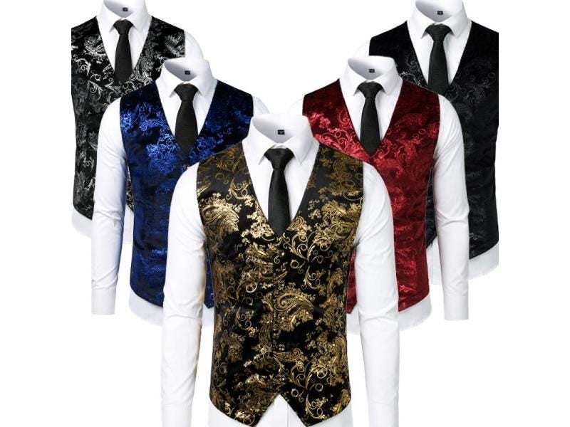 Gold Steampunk Men's Sleeveless Slim Fit Paisley Floral Vest Single Button Carousel 2