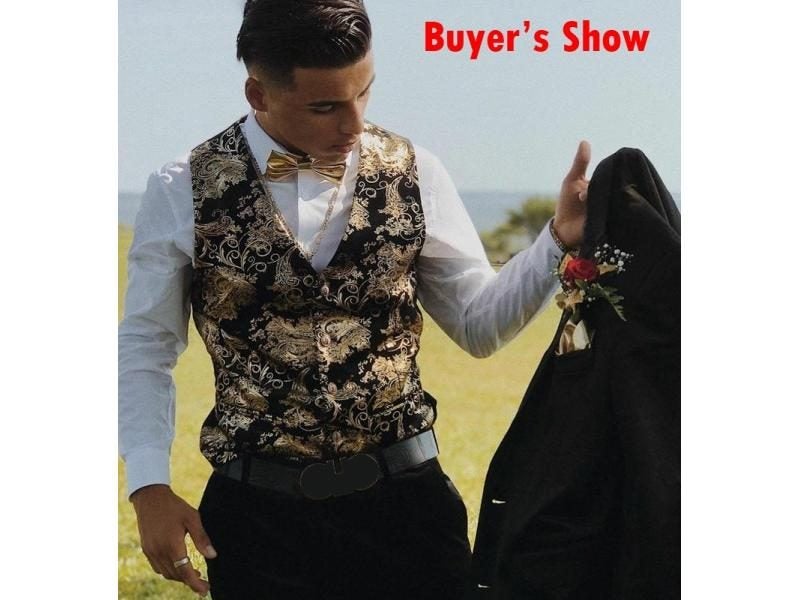 Gold Steampunk Men's Sleeveless Slim Fit Paisley Floral Vest Single Button Carousel 1