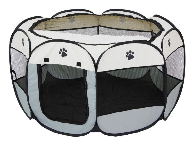 Foldable Pet Playpen - 114cm x 58cm - Lodge Style Octagonal Fabric Crate Carousel 1