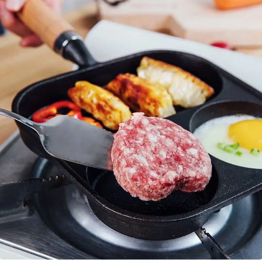 Cast Iron Breakfast Frying Grill Pan 3 in 1 Egg Beef Steak Burgers Bacon Carousel 3