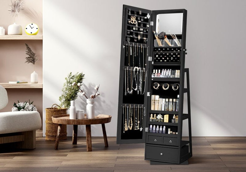 Mirror Jewellery Cabinet Full Length 360 Degree Rotating Storage Organiser Black Carousel 1