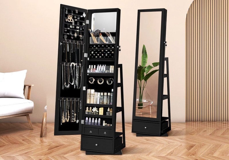 Mirror Jewellery Cabinet Full Length 360 Degree Rotating Storage Organiser Black Carousel 2