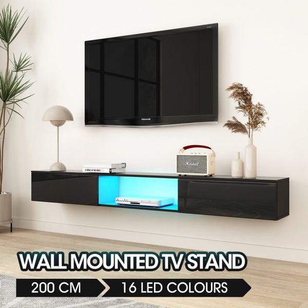 Wall Mounted TV Cabinet Black LED Entertainment Unit Floating Stand Carousel 1