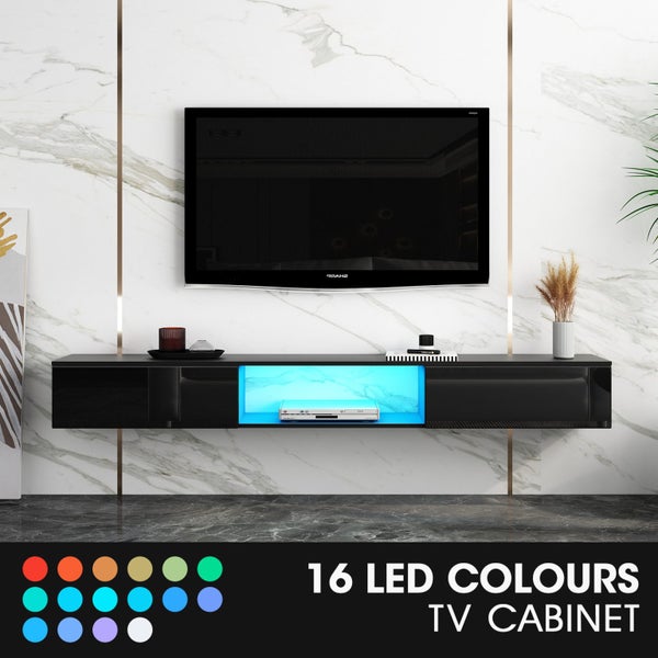 Wall Mounted TV Cabinet Black LED Entertainment Unit Floating Stand Carousel 2