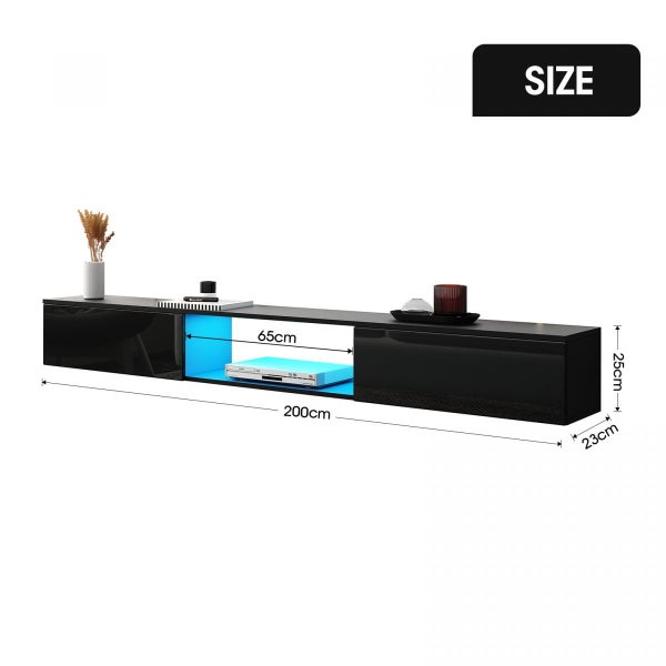 Wall Mounted TV Cabinet Black LED Entertainment Unit Floating Stand Carousel 10