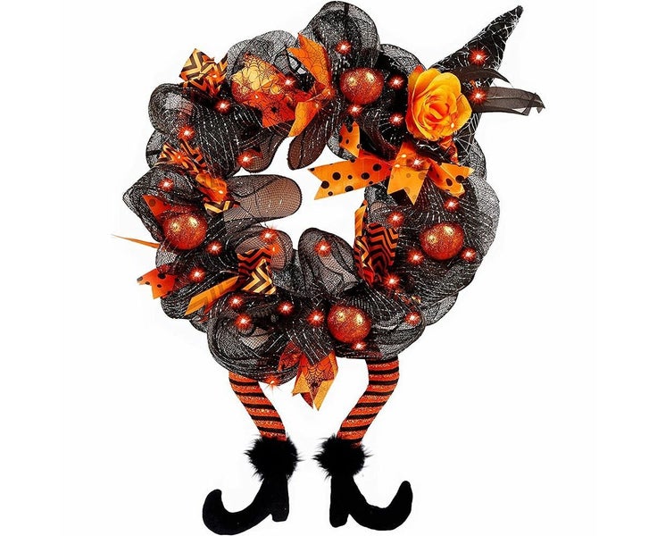 Halloween Decorations Wreaths with Witch Hat and Legs, Lighted LED Lights, Carousel 1