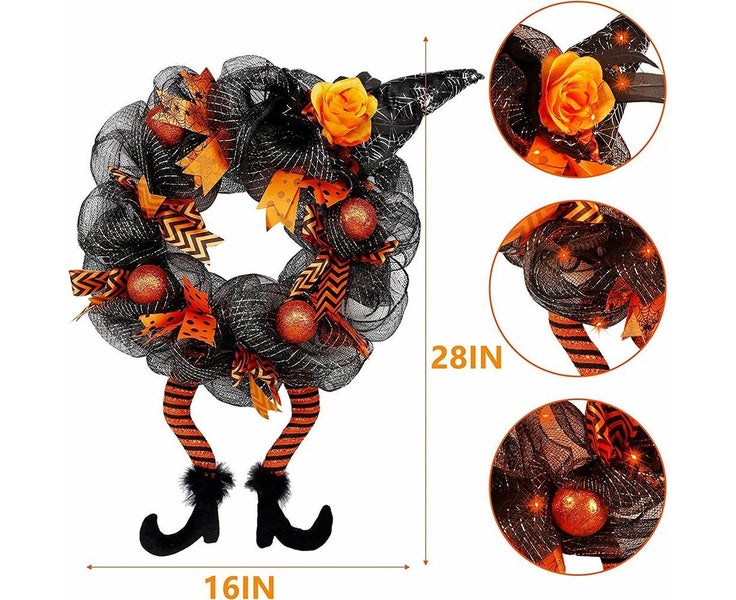 Halloween Decorations Wreaths with Witch Hat and Legs, Lighted LED Lights, Carousel 6