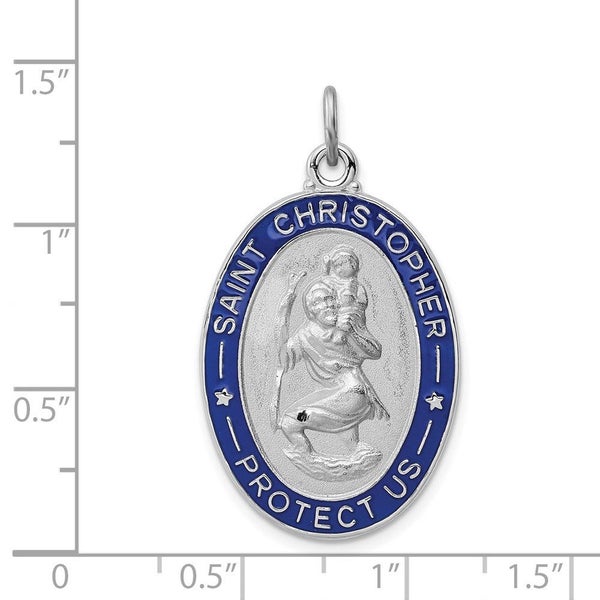 Sterling Silver Rhodium-plated Blue Enamel St. Christopher Medal Pendant, 35x... Carousel 4