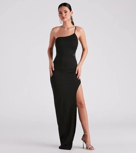 Saia black evening gown with cut out and open split s10 Express NZ wide63621106868097113