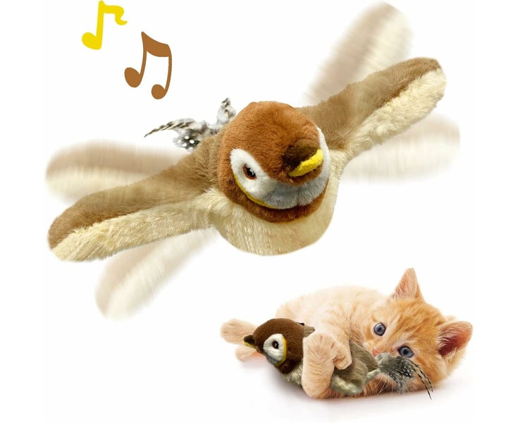 Flapping Wings Sparrow Catnip Toy, Lifelike Chirps, Simulated Bird Interact Carousel 1