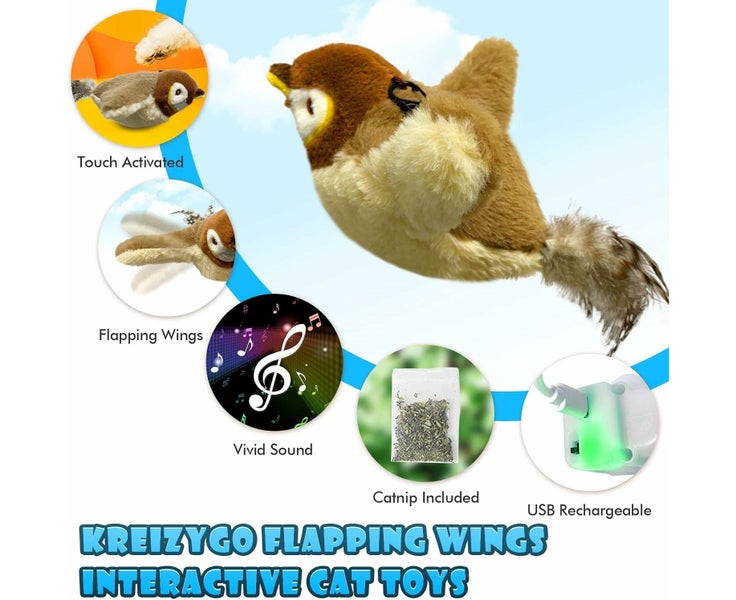 Flapping Wings Sparrow Catnip Toy, Lifelike Chirps, Simulated Bird Interact Carousel 2