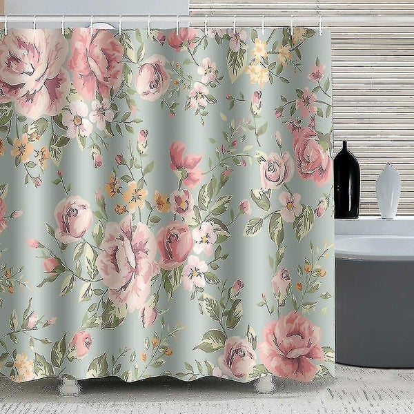 Pink Rose Flowers Shower Curtain With 12 Hooks Green Waterproof Mildew Resistant Carousel 1
