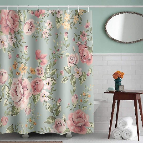 Pink Rose Flowers Shower Curtain With 12 Hooks Green Waterproof Mildew Resistant Carousel 2
