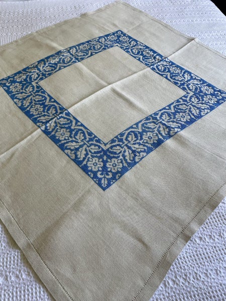 A perfect vintage thick ecru embroidered vintage Linen Tablecloth Carousel 2
