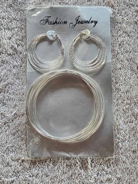 Silver Hoop earrings and bangle set Carousel 1