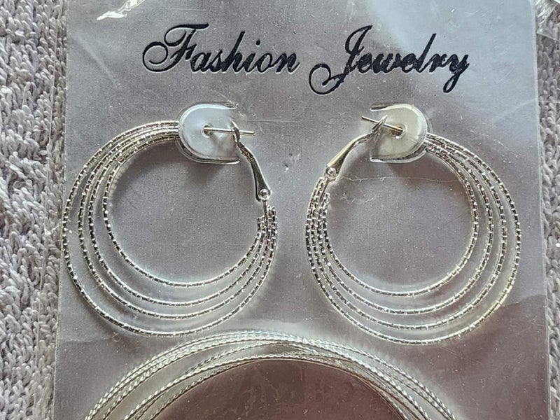Silver Hoop earrings and bangle set Carousel 2