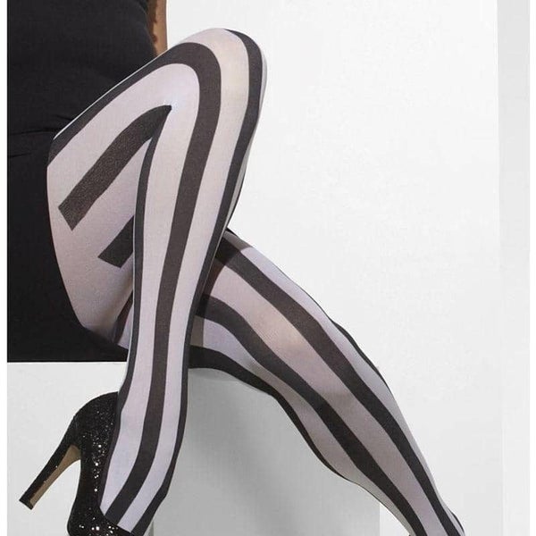 Opaque Tights Adult Black White Vertical Striped Costume Accessory Carousel 1