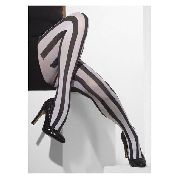 Opaque Tights Adult Black White Vertical Striped Costume Accessory Carousel 2