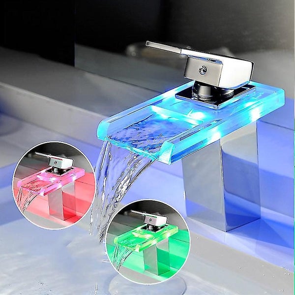 Copper Led Waterfall Glass Hot Cold Water Faucet Light Temperature Control Color Carousel 2
