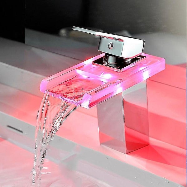 Copper Led Waterfall Glass Hot Cold Water Faucet Light Temperature Control Color Carousel 5